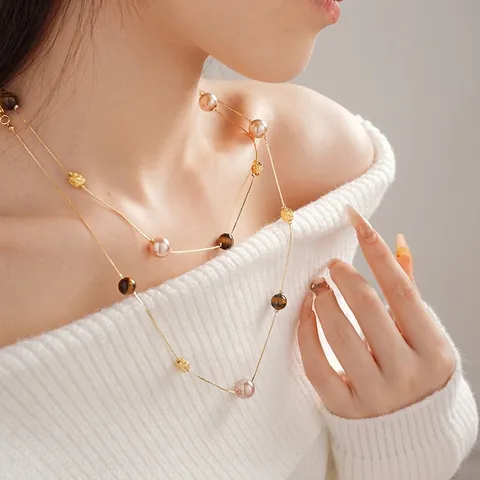 Zweilagige Lange Pulloverkette Mit Künstliche Perlenimitationen Und Tigerauge Künstliche Perlen Goldene Legierungskette Für Damen Vintage Elegant