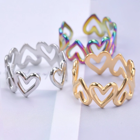 Anillo Abierto De Corazón Hueco Acero Inoxidable Ajustable Minimalista Banda Dulce Joyería Chapada Al Vacío Para Mujer