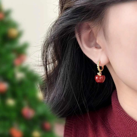 Boucles Oreilles Créoles Pomme Cuivre Plaqué Or Avec Zircon Émail Rouge Bijoux Rétro Élégants Pour Femmes