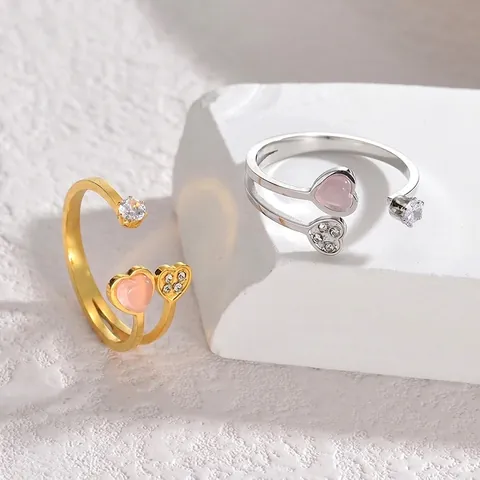 Bague Ouverte Double Cœur en Acier Inoxydable Douce pour Femmes Élégant Strass Bague de Doigt Cœur Réglable Bijoux de Mode Accessoire Cadeau