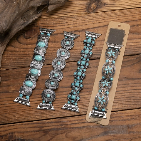 Bohemian Alloy Artificial Turquoise Smartwatch Band Retro Silver Ethnic Style Metal Replacement Strap For Men Women Jewelry