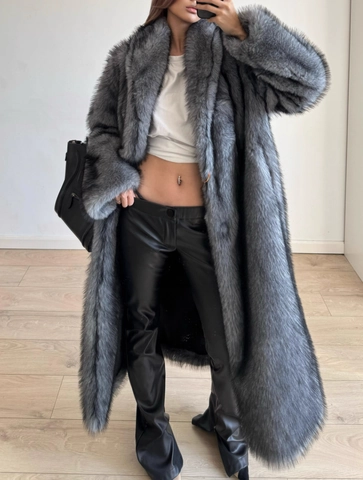 Faux Fur Long Coat Women Shawl Collar Fluffy Artificial Fox Fur Overcoat Elegant Winter Outerwear Casual Warm