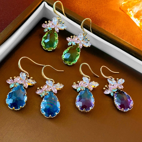 Waterdrop Dangle Earrings With Zircon Butterfly Copper Hooks And Silver Earring Post For Women Elegant French Style