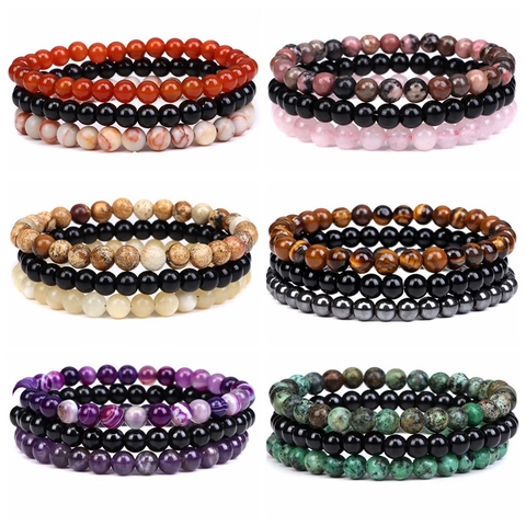 Natural Stone Beaded Bracelet Elastic Reiki Healing Yoga Meditation Handcrafted Jewelry For Women Men Tiger Eye Agate Rose Quartz