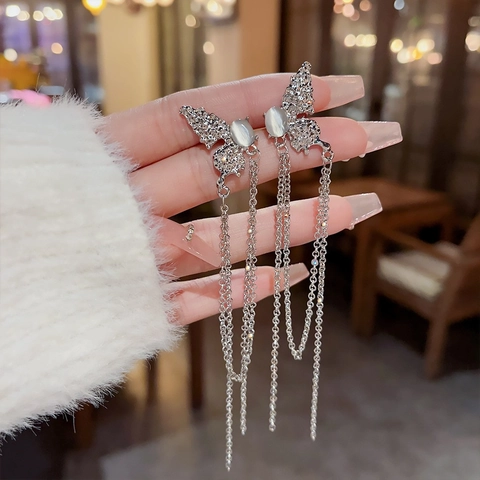 Lange Fransen Hängeohrringe Glänzende Zirkon Strass Kupfer Mit 925 Sterling Silber Ohrstecker Elegant Für Damen