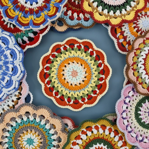 Dessous De Verre Crochetés À La Main Bohème Mandala Rond Fil Coloré Tapis Résistant À La Chaleur Décor De Table