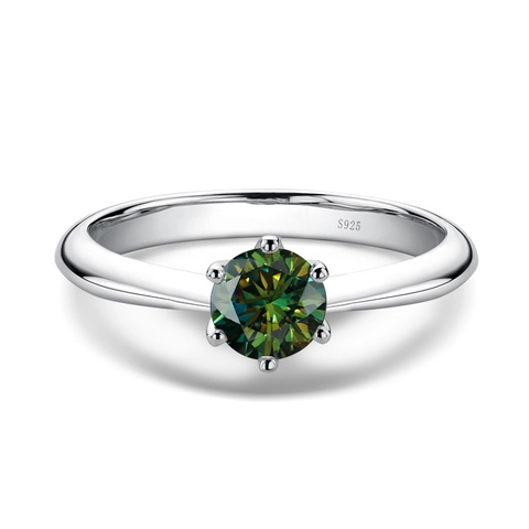 Anillo de Compromiso de Moissanita de Plata de Ley S925 Clásico de Seis Garras Corona Corte Redondo Solitario Aniversario Mujer
