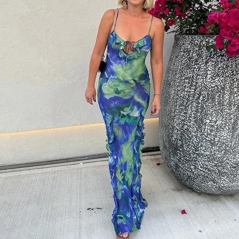 Robe Maxi Camisole Imprimé Floral Tie Dye Polyester Spandex Volants Bodycon Sexy Vacances Plage Sans Manches Streetwear