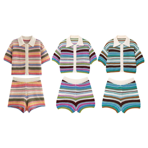 Damen Gestreift Häkeln Polo Shirt Kurzarm Knopf Top Und Passende Strick Shorts Baumwolle Polyester Strand Urlaub Casual Outfit