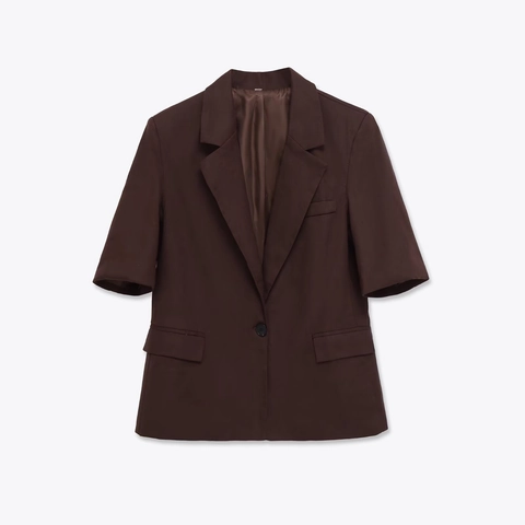 Blazer De Manga Corta Para Mujer Chaqueta Solapa Un Solo Pecho Color Sólido Casual Negocios Oficina Marrón