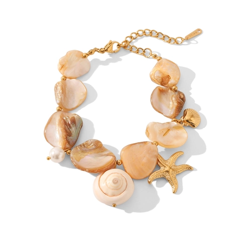 Summer Beach Ocean Style Stainless Steel Bracelet Necklace With Natural Shell Artificial Pearl Starfish Seahorse Charms Jewelry For Women