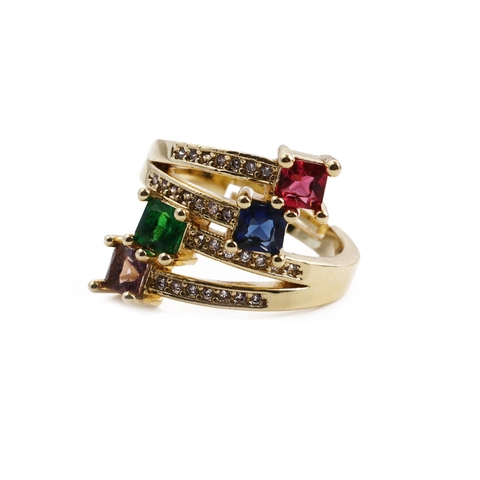 Multi Color Zirkonia Verstellbarer Offener Ring Vergoldetes Kupfer Quadratischer Schliff Doppelschicht Schmuck Für Damen