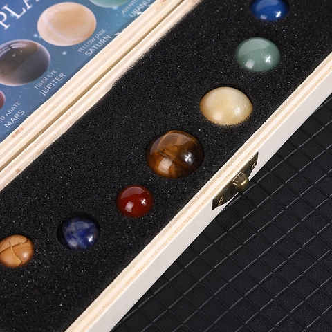 Solar System Nine Planets Desktop Ornament Natural Crystal Gemstone Spheres With Wooden Box Mineral Specimens Decor