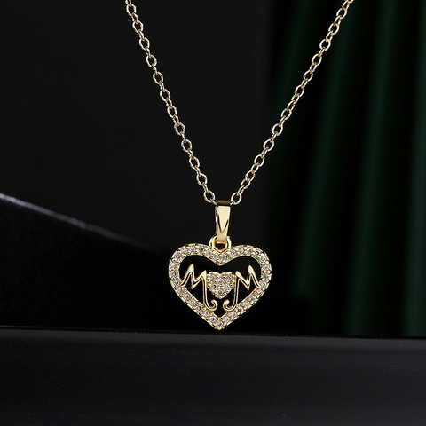 Collar Con Colgante Corazón MOM Cobre Chapado En Oro 18K Circonita Elegante Regalo Día De La Madre Para Mujer Estilo INS