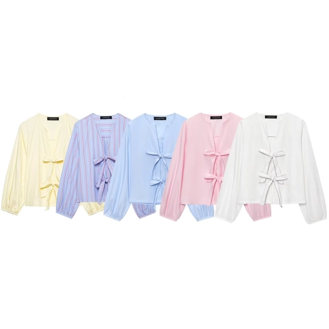 Camicetta da Donna Casual con Fiocco Scollo a V Manica Lunga a Lanterna Camicia in Poliestere Elegante Top alla Moda