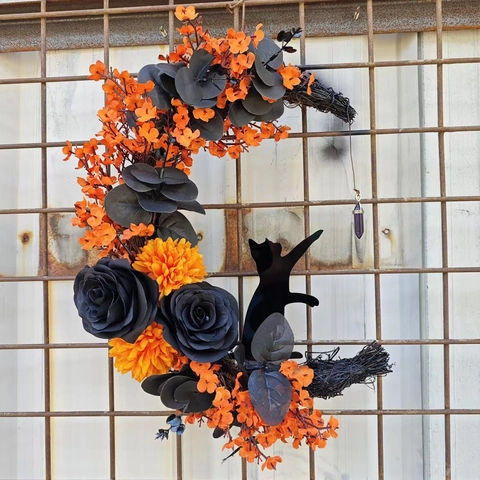 Mondsichel Katze Kranz Künstliche Rosen Rattan Kristall Anhänger Gotisch Halloween Wand Deko Haus Tür