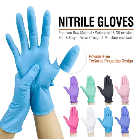 Disposable Nitrile Gloves Powder Free Textured Fingertips Waterproof Oil Resistant Multicolored Cleaning Kitchen Food Handling