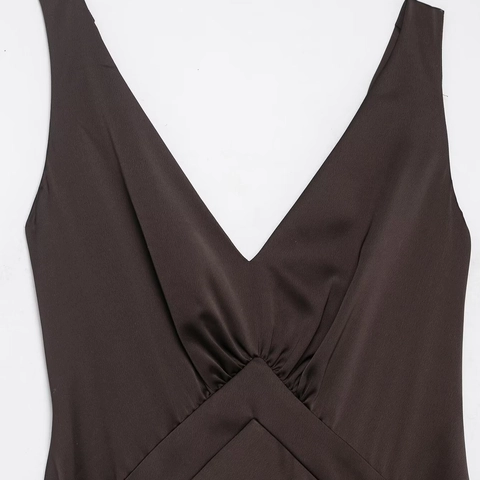 Elegantes Satin-Maxikleid V-Ausschnitt Ärmellos Gekräuselt Hohe Taille Rückenausschnitt Reißverschluss Abendparty Damen