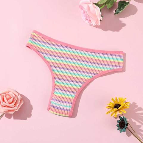 Damen Baumwolle Gerippte Gestreifte Höschen Niedrige Taille Atmungsaktive Dehnbare Unterwäsche Bunte Regenbogen Slips