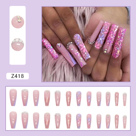 Long Coffin Press On Nails Pink Purple Gradient Flower Design Rhinestone Glitter French Tip Manicure Artificial Nails
