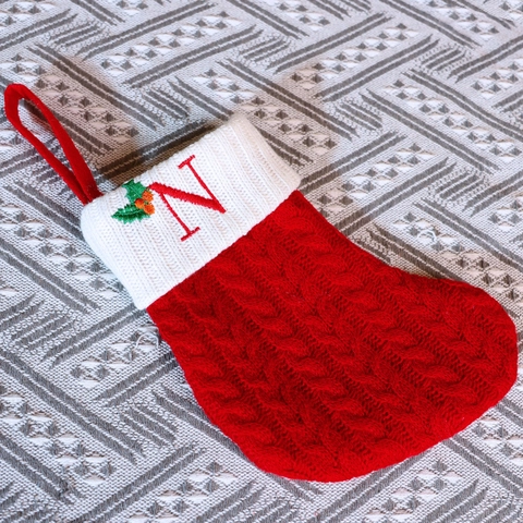 Christmas Stocking Knitted Initial Letter Embroidered Red White Hanging Tree Ornament Candy Gift Bag Holiday Party Decor