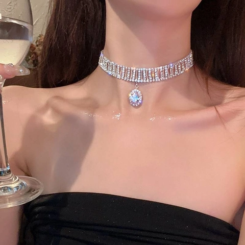 Rhinestone Choker Necklace Shiny Alloy Zircon Geometric Oval Pendant Party Wedding Evening Dress Elegant Jewelry For Women