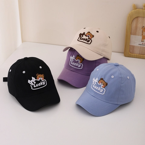 Kids Baseball Cap Cotton Breathable Bear Embroidery Lucky Letter Sun Protection Adjustable Outdoor Hat For Toddler