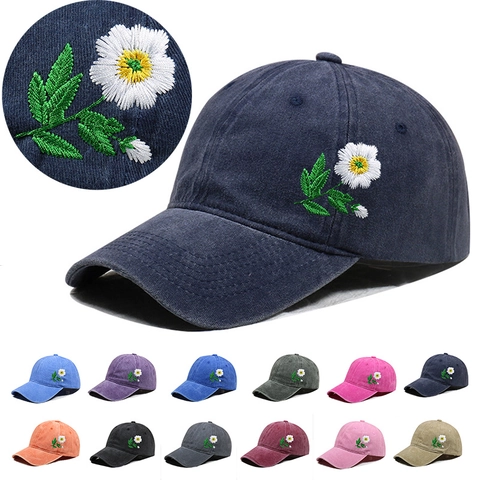 Vintage Washed Cotton Baseball Cap Floral Daisy Embroidery Adjustable Sun Protection Dad Hat For Women Men