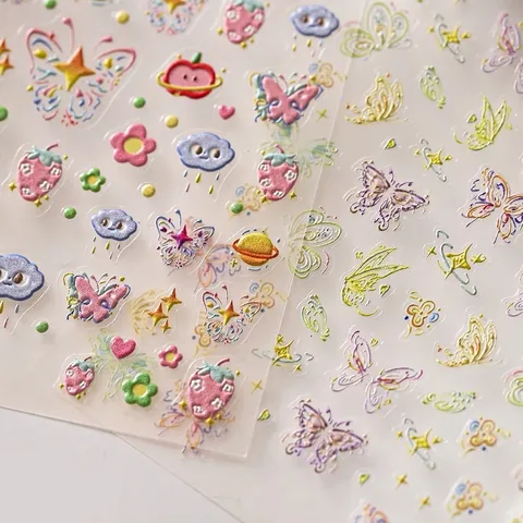 3D Embossed Nail Art Stickers PET Self Adhesive Butterfly Graffiti Doodle Style For DIY Manicure Decoration Macaron Colors