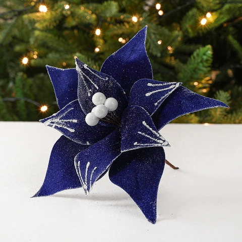 Artificial Christmas Poinsettia Flowers Velvet Cloth Shimmering Snow Tipped Holiday Tree Ornaments Floral Decor