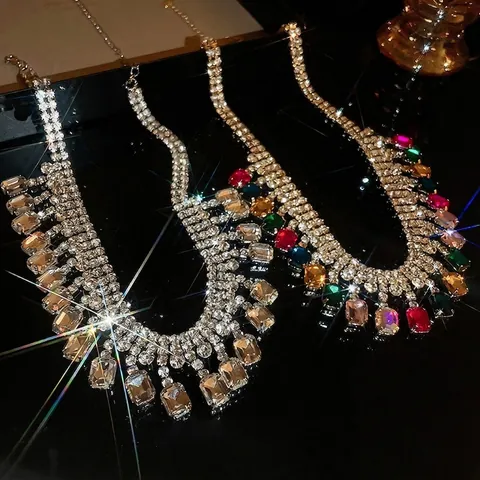 Luxury Rhinestone Tassel Choker Necklace Alloy Geometric Square Multi Color Crystal Statement Jewelry For Women
