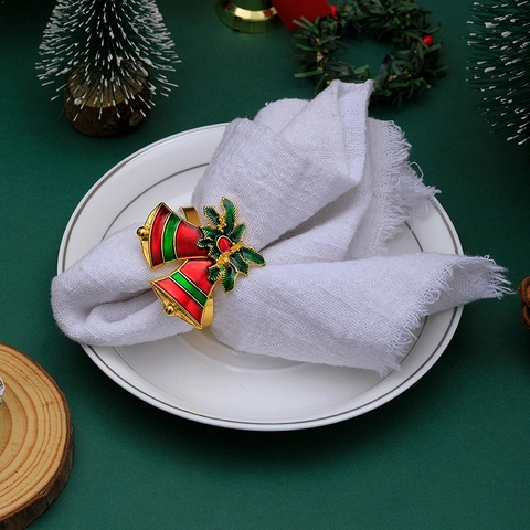 Ronds De Serviette De Noel Alliage Email Strass Arbre De Noel Cloche Decoration De Table Accessoires De Fete