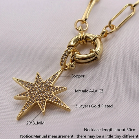 Collana a Catena in Rame Vintage Placcata Oro 18K Pendente Sole Luna Stella Gioielli con Zirconi per Donna Uomo Regalo