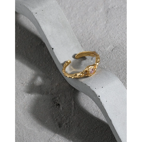 S925 Sterling Silver Lava Texture Open Ring For Women Adjustable Korean Minimalist Rhinestone Geometric Finger Ring Jewelry