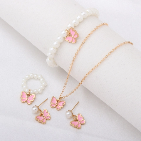 Vlinder Kunstparel Ketting Armband Ring En Oorknopjes Legering Emaille Zoete Mode-Sieraden Voor Vrouwen Meisjes