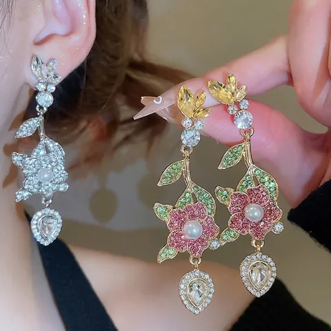 Pendientes Colgantes Flor Con Poste De Plata Esterlina 925 Aleación Brillantes Perla Artificial Colgante Gota Joyería Mujer