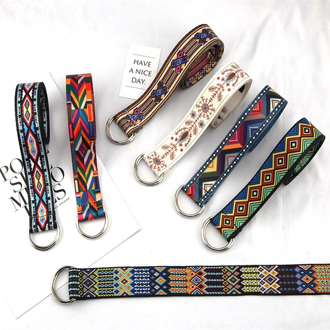 Cinturón De Lona Estampado De Estilo Étnico Con Hebilla De Doble Anillo En D Patrón Geométrico Boho