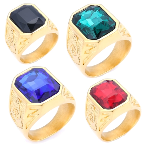 Freimaurer Ring Herren Edelstahl Vergoldet Rechteckiger Edelstein Siegelring Vintage Punk Schmuck Accessoire