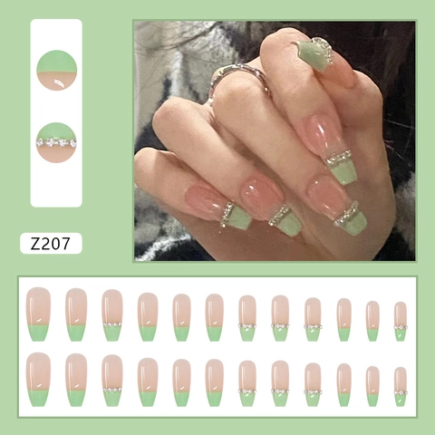 Unghie Finte Press On Lunghe Coffin Francesi Verde Sfumato Strass Catena Decorazione Manicure Artificiale Per Donne