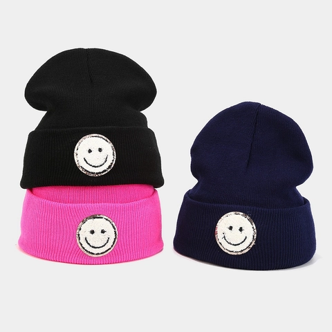 Gebreide Beanie Muts Acryl Warm Winter Outdoor Smile Face Patch Pailletten Decor Streetwear Mode Accessoire Flexibel