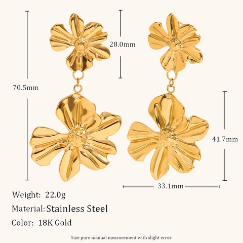 Doppelblumen Tropfenohrringe 18K Vergoldeter Edelstahl Statement Blumig Geteilt Strukturiert Ohrschmuck Für Frauen
