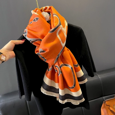 Femmes Longue Écharpe Châle Imitation Cachemire Chaud Épais Hiver Wrap Équestre Mors Impression Rétro Mode Franges Gland