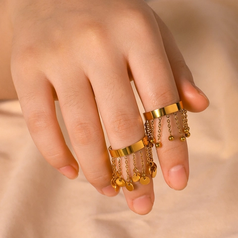 Franse Stijl Kwastje Roestvrij Stalen Open Ring Voor Vrouwen Goud Vergulde Ketting Vingerrand Met Kraal Hangers Sieraden Accessoire