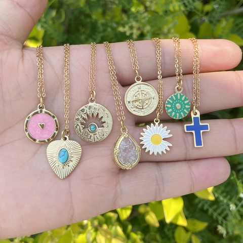 Edelstahl Anhänger Halskette Naturstein Herz Kreuz Kompass Gänseblümchen Vintage Schmuck Geschenk Für Damen