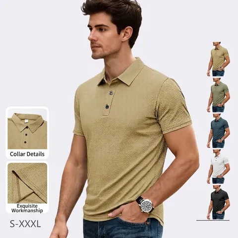 Men Polo Shirt Short Sleeve Waffle Knit Breathable Ice Satin Business Casual Urban Lightweight Honeycomb Texture Solid Color
