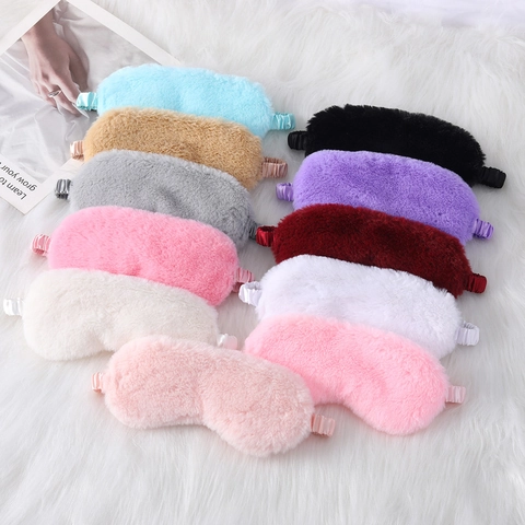 Plush Sleeping Eye Mask Soft Faux Fur Blackout Blindfold With Satin Elastic Strap For Sleep Travel Home