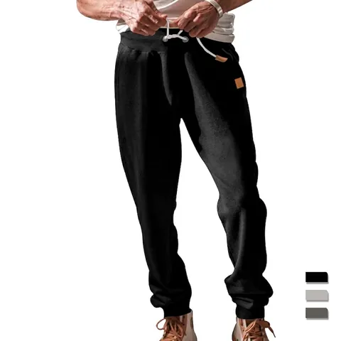 Men Fleece Lined Joggers Solid Color Drawstring Waist Cuffed Sweatpants Knitted Polyester Spandex Casual Sport Pants