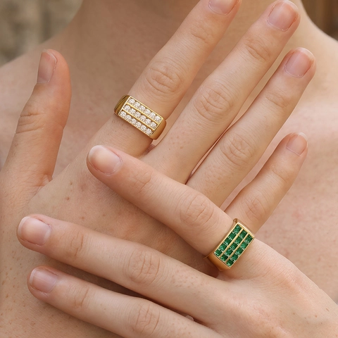 Elegant Square Zircon Ring For Women 18K Gold Plated Copper Geometric Three Rows Adjustable Open Design Jewelry Retro Style