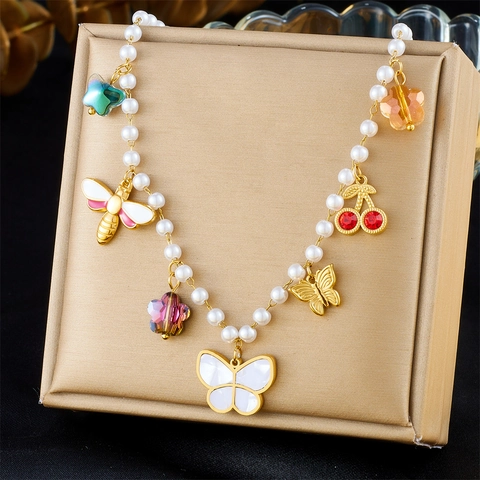 Collier En Künstliche Perles D'imitation En Acier Inoxydable Avec Plusieurs Pendentifs Papillon Abeille Cerise Fleur Émail Style Doux Femme