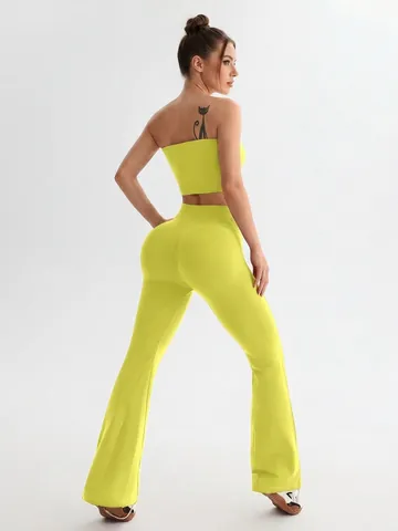 Women Strapless Tube Top And High Waist Flare Leggings Seamless Ribbed Workout Fitness Yoga Sportswear